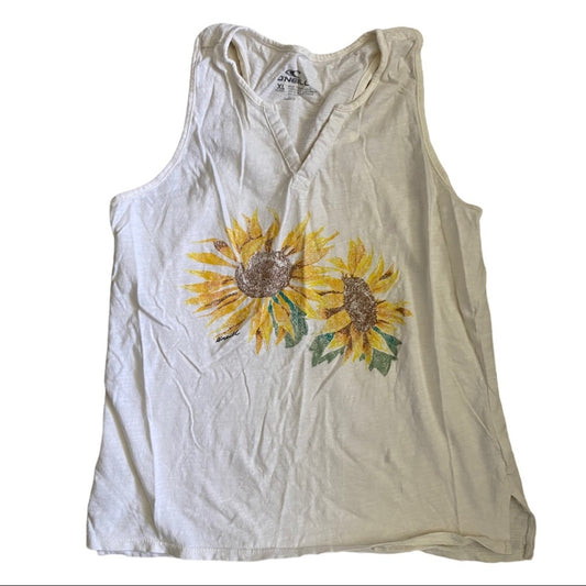 A sleeveless tank top featuring a distressed sunflower graphic on the front, laid flat against a white background.