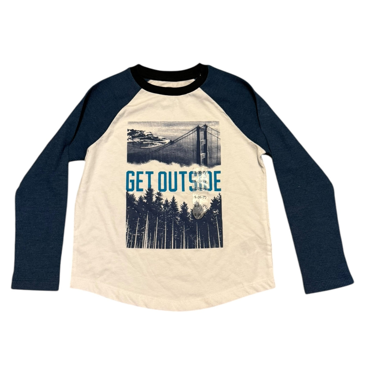 A long-sleeve baseball t-shirt with a white body and dark navy blue sleeves. The front features a graphic print of the Golden Gate Bridge over a forest, with the text 'GET OUTSIDE' in blue.