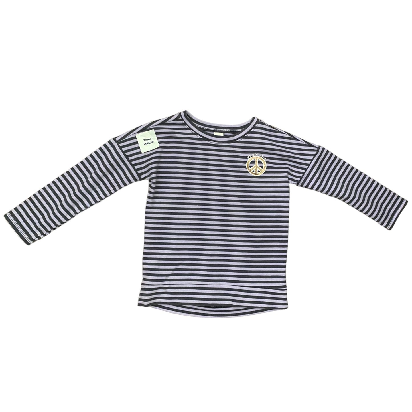 Striped long-sleeve shirt with a peace symbol on a white background