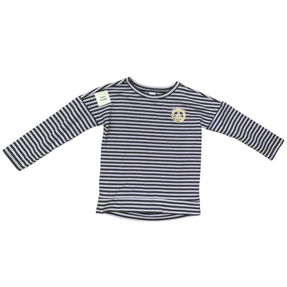 Striped long-sleeve shirt with a peace symbol on a white background