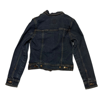 Dark blue denim jacket back laying flat on a white background