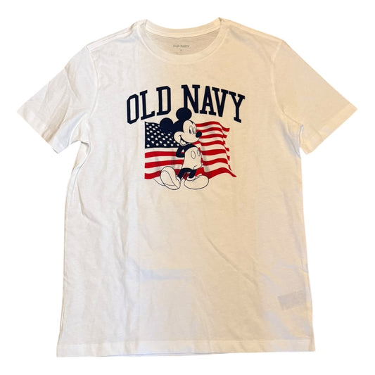 Front of white t-shirt with Mickey Mouse and American flag design on a white background