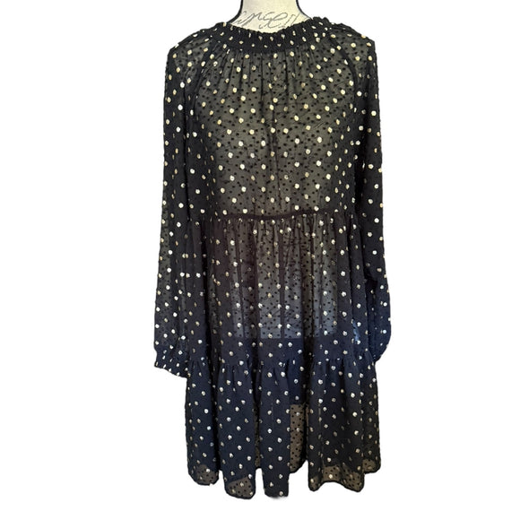 Black dress with white polka dot pattern on a mannequin against a white background
