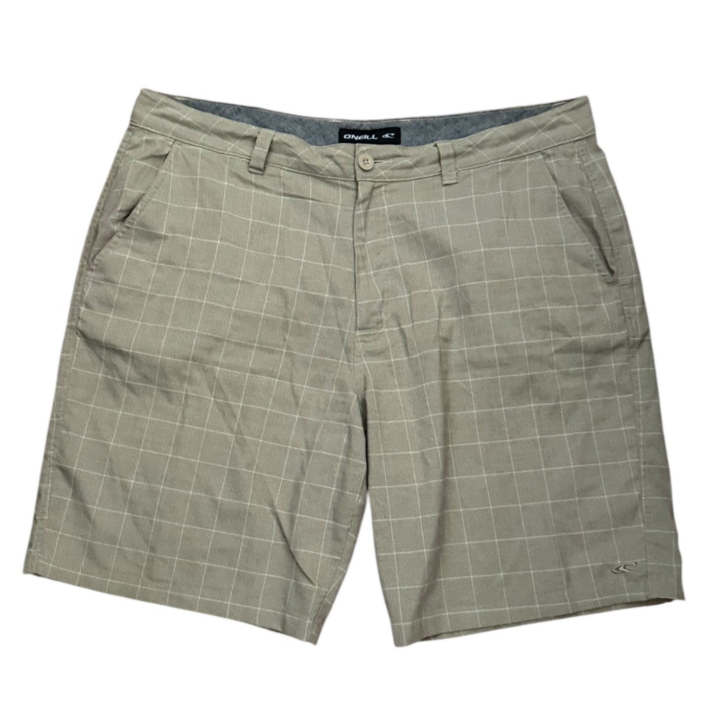 A pair of men's casual shorts in a plaid pattern, shown flat against a white background.