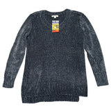 Navy sweater with a tag on a white background