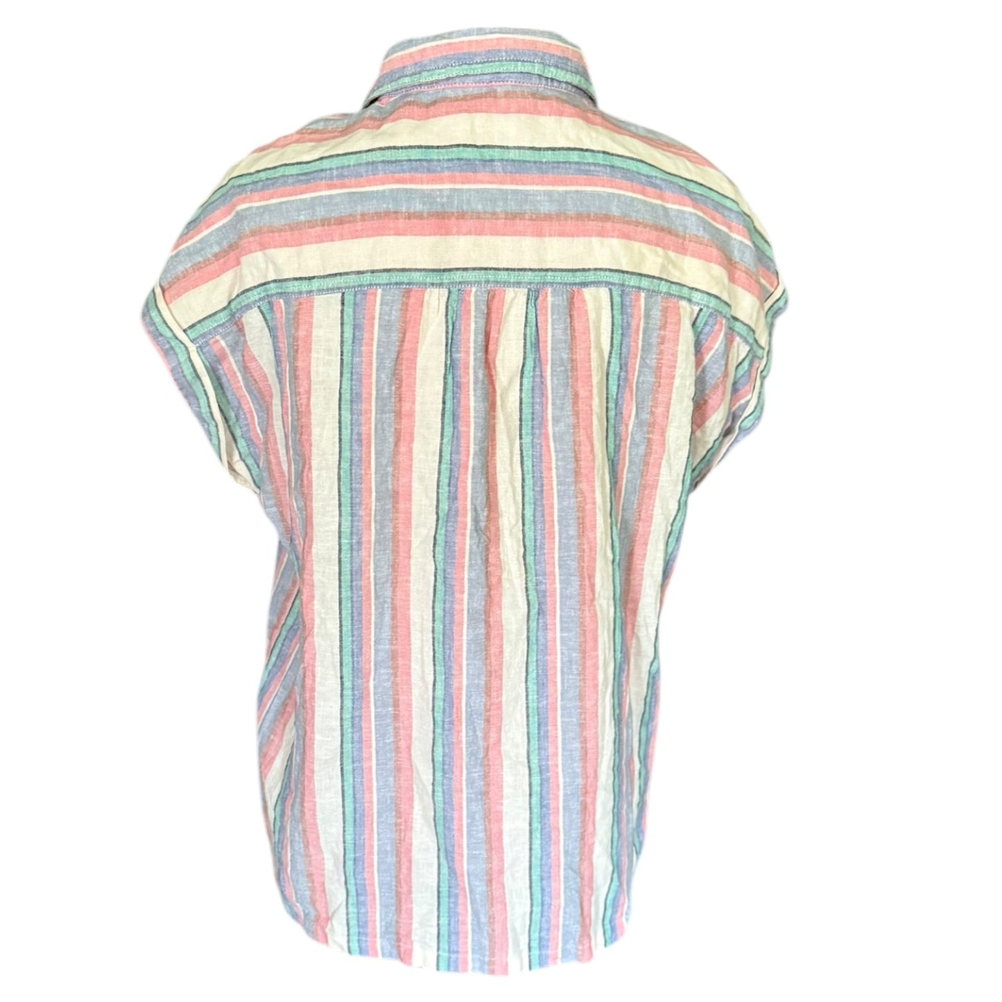 A short-sleeve button-up shirt with vertical stripes in pastel pink, light blue, mint green, and cream, shown from the back on a white background.