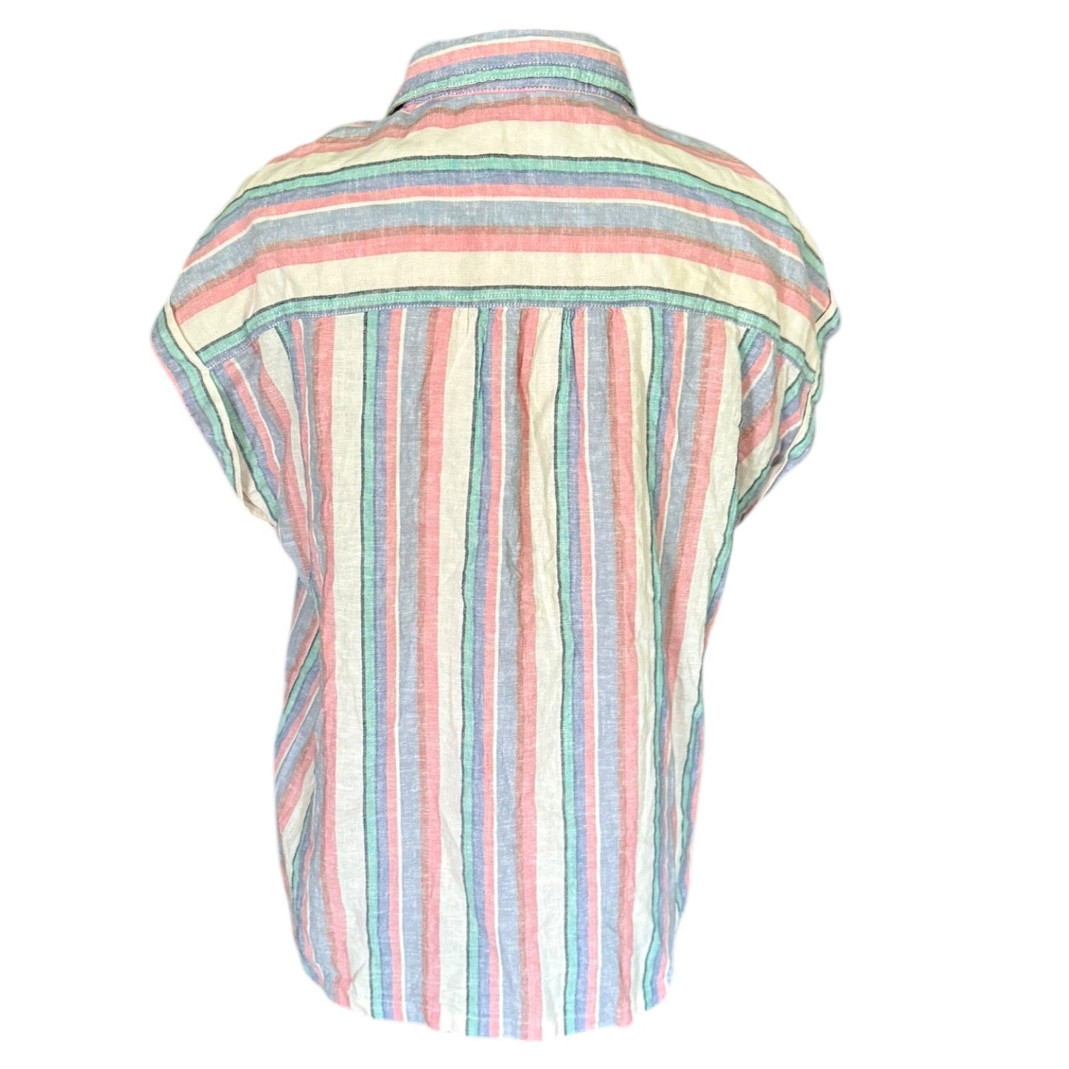 A short-sleeve button-up shirt with vertical stripes in pastel pink, light blue, mint green, and cream, shown from the back on a white background.
