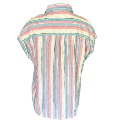 A short-sleeve button-up shirt with vertical stripes in pastel pink, light blue, mint green, and cream, shown from the back on a white background.