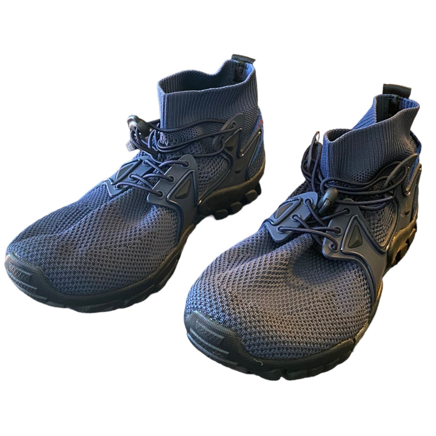 Front side Pair of blue safety boots on a white background