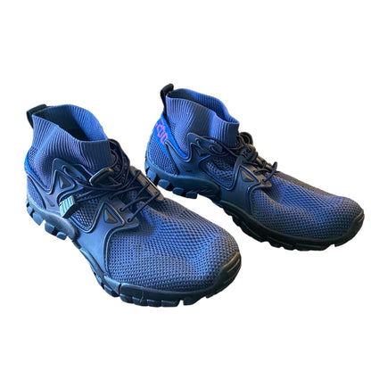 Front side Pair of blue athletic shoes on a white background
