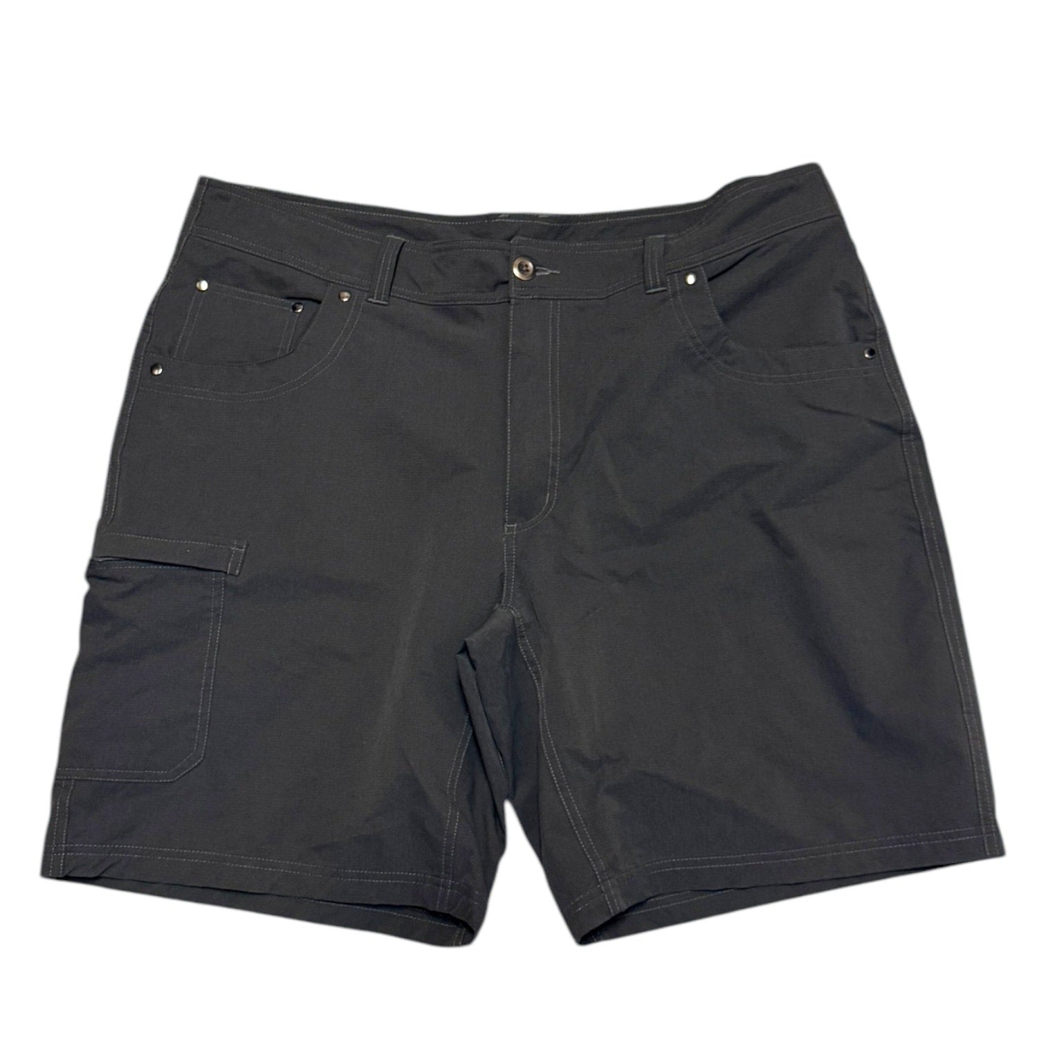 Front of gray shorts on a white background