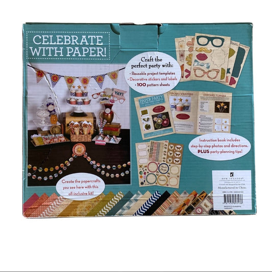 Box of 'Celebrate with Paper!' craft kit with decorative items and text on a white background