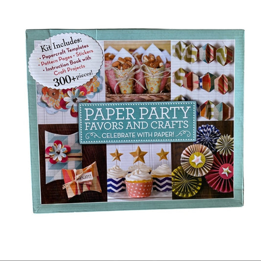 Box of Paper Party Favors and Crafts with images of paper crafts on a white background