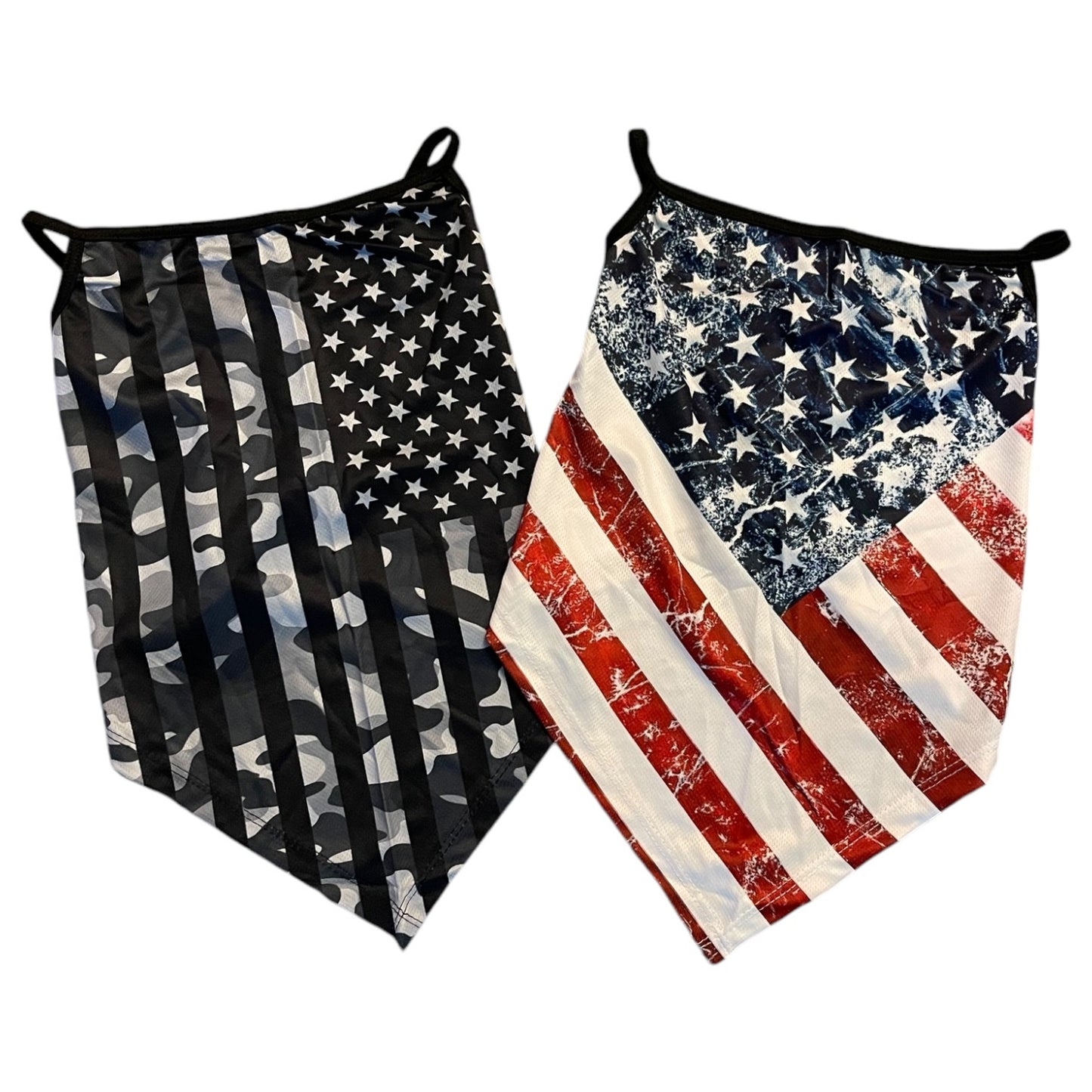Two American flag-themed face masks on a white background