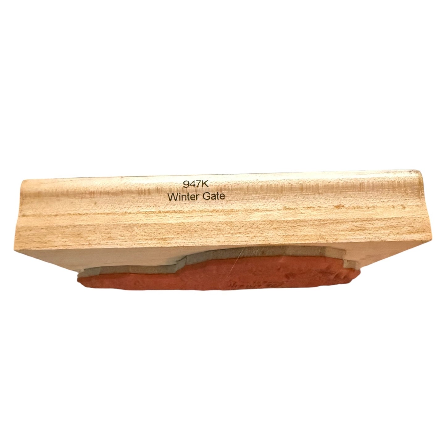 A close-up of a light natural wood gate sample labeled '947K Winter Gate' on a plain white background.