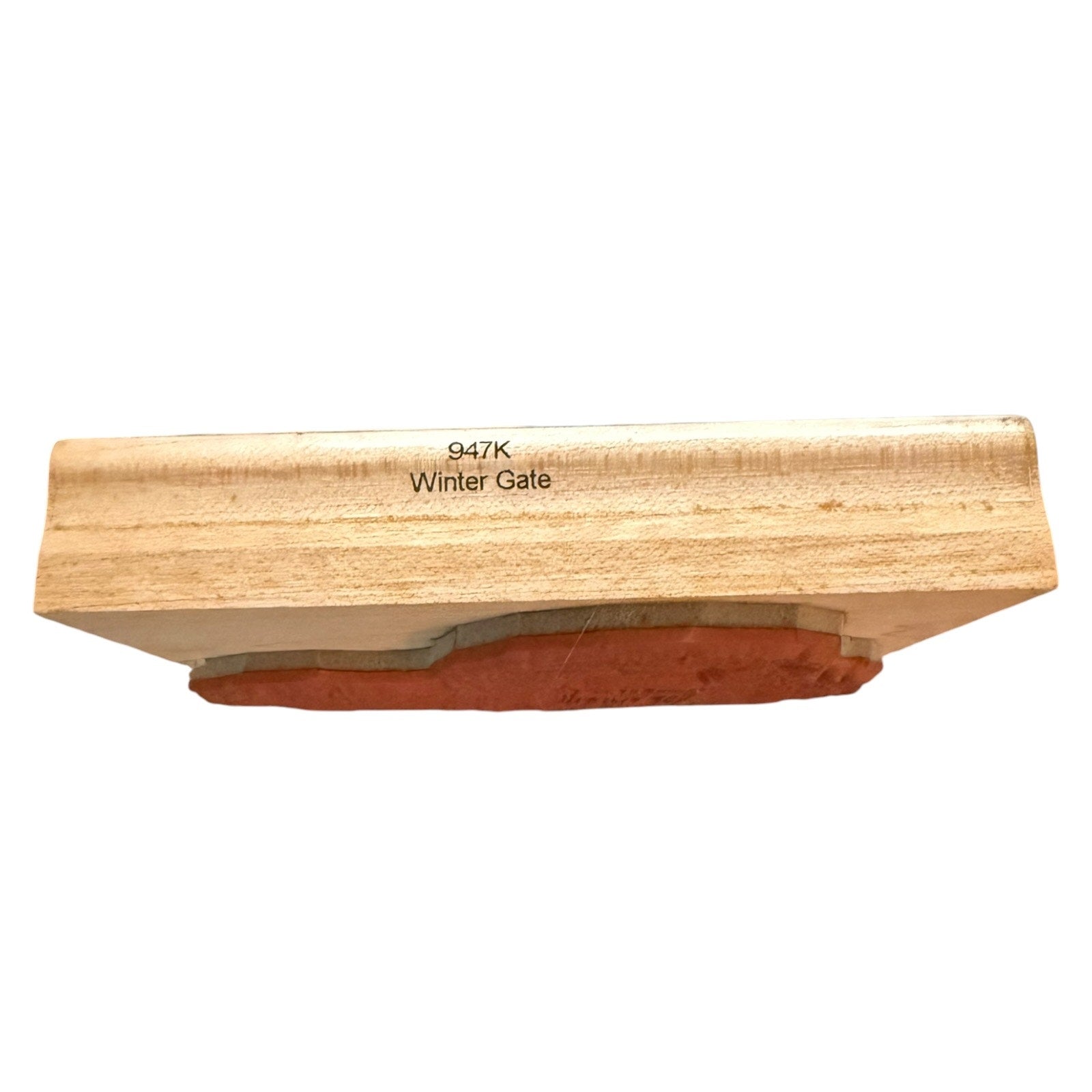 A close-up of a light natural wood gate sample labeled '947K Winter Gate' on a plain white background.