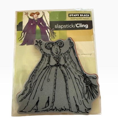 Penny Black 'Slapstick/Cling' witch-themed rubber stamp in its original packaging, featuring a gray rubber stamp of a witch with a broom and a printed backing card.