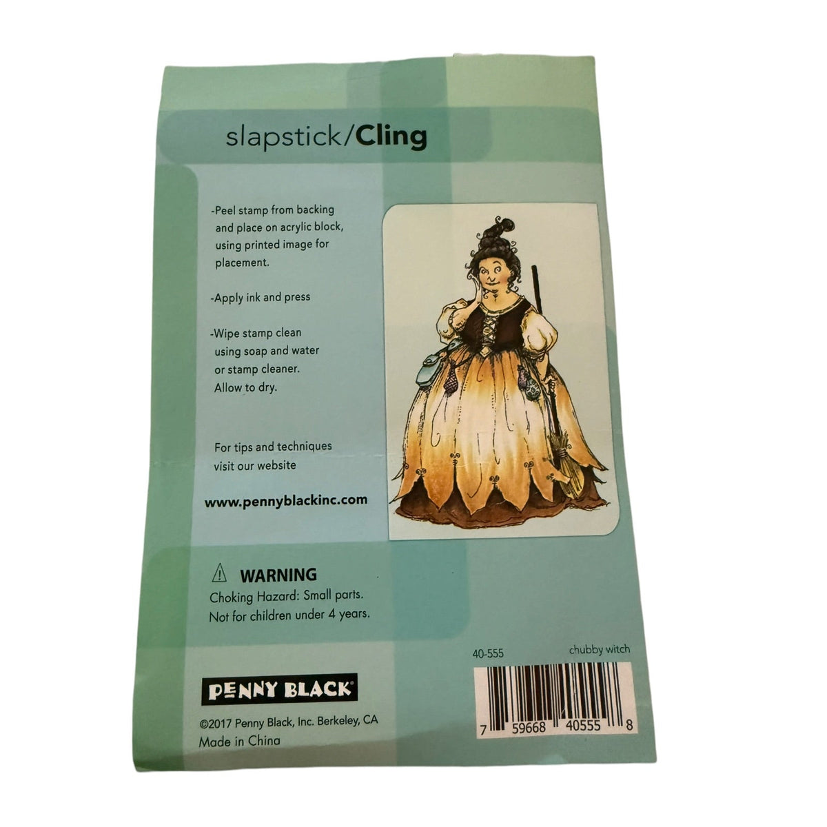 Back of green package of a Penny Black cling stamp of a Chubby Witch on a white background. 