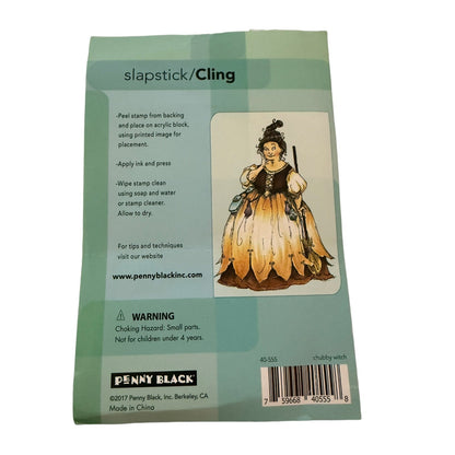 Back of green package of a Penny Black cling stamp of a Chubby Witch on a white background. 