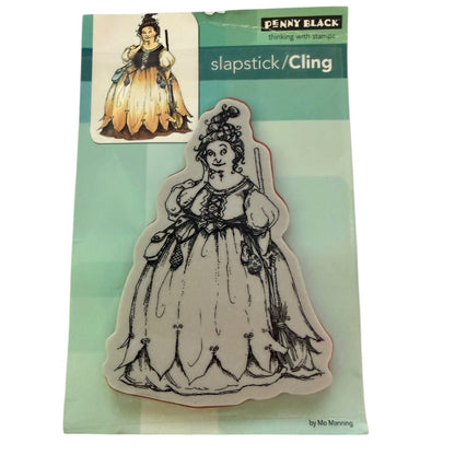 Penny black cling stamp of a witch with green packaging on a white background. 