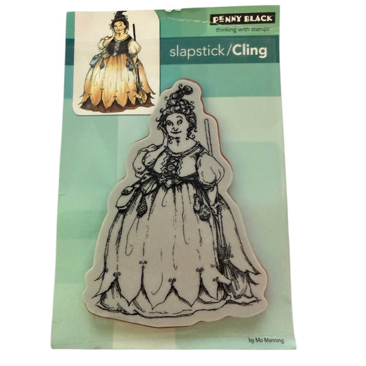 Penny black cling stamp of a witch with green packaging on a white background. 