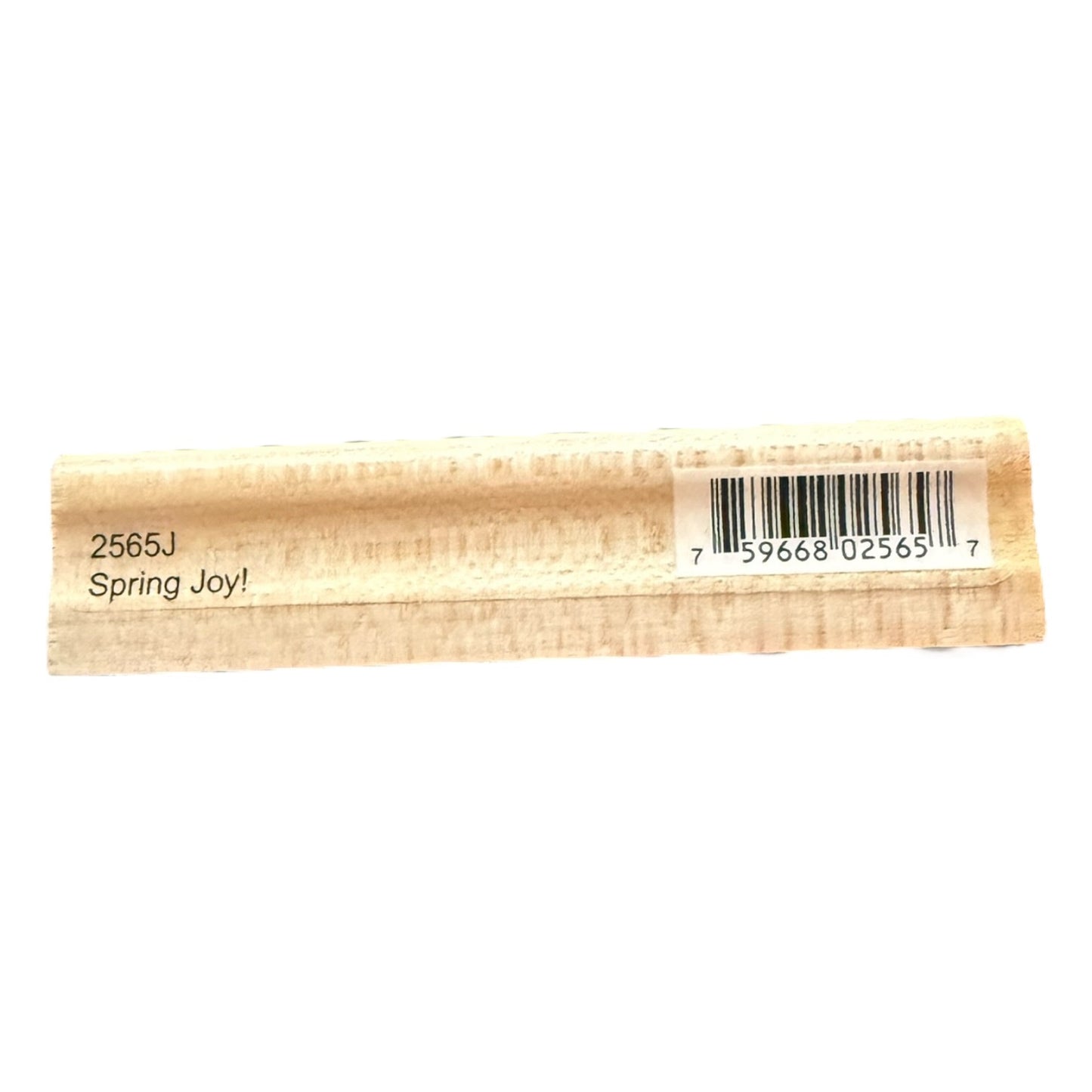 Rectangular wooden stamp with 'Spring Joy!' text and barcode on a white background