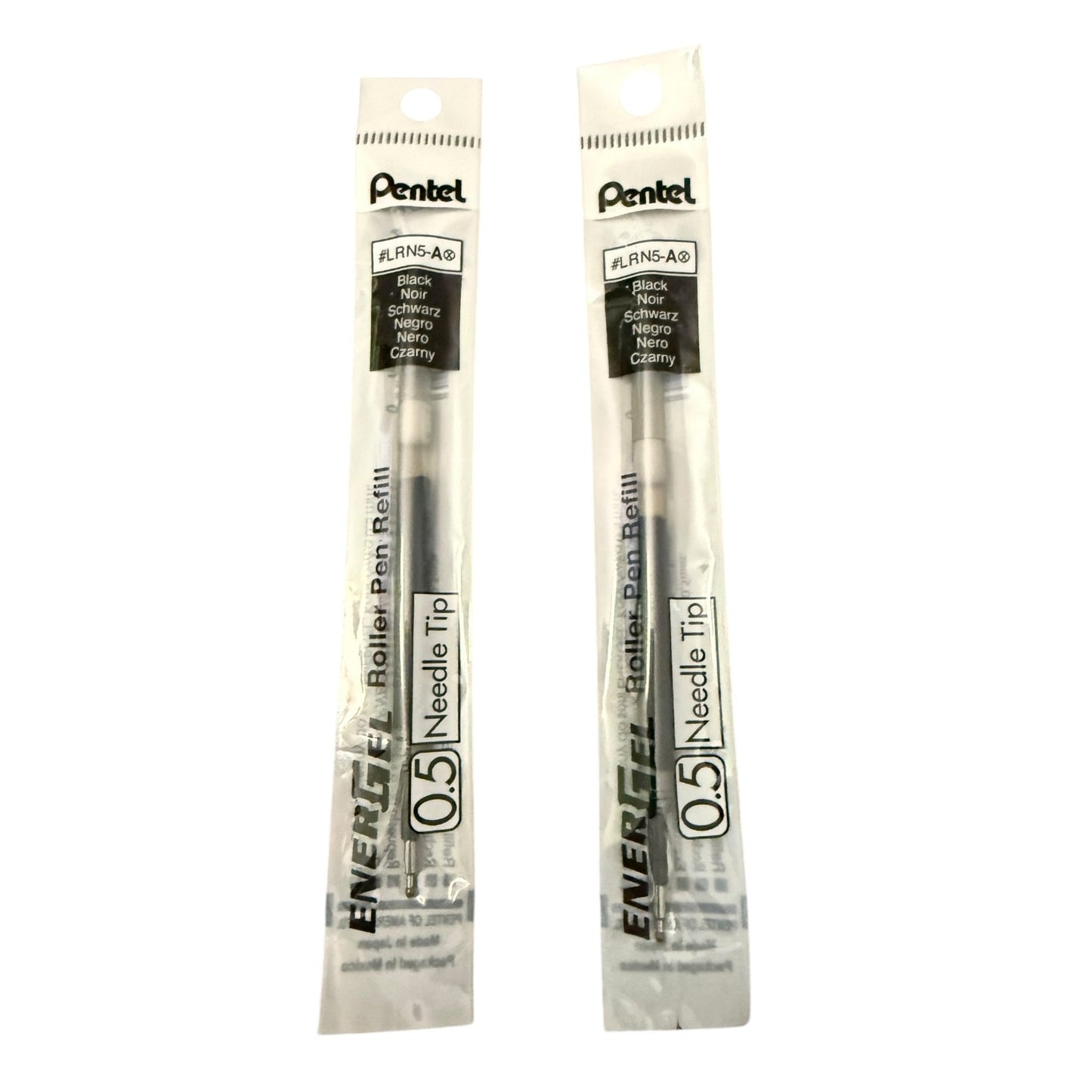 Two Pentel Energy Gel Roller Pen Refill needle tip cartridges in clear plastic packaging, labeled 0.5 size.