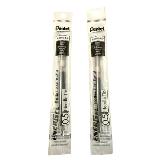 Two Pentel Energy Gel Roller Pen Refill needle tip cartridges in clear plastic packaging, labeled 0.5 size.