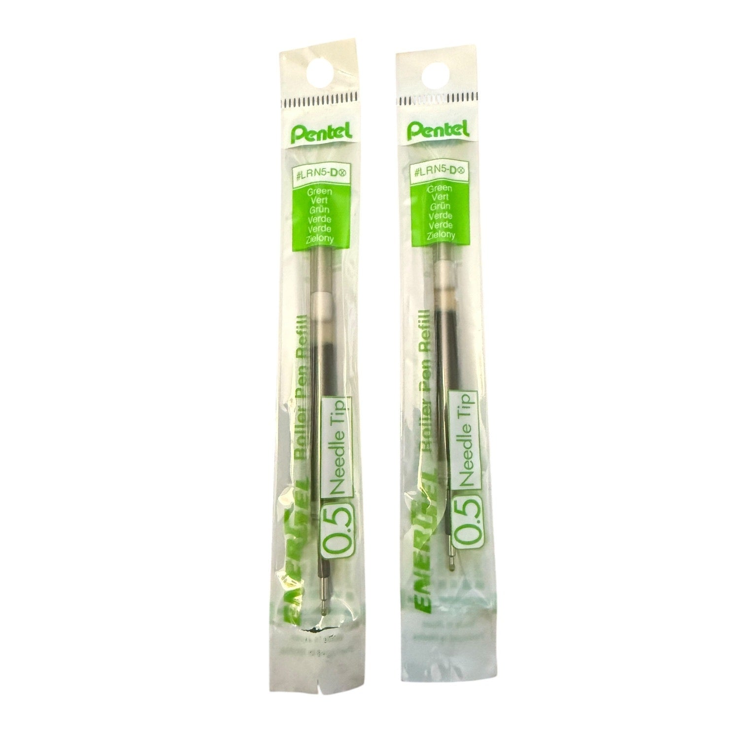 Two Pentel FL-N10-05 Energy 0.5 Needle Tip refill cartridges in their original clear plastic packaging with green and white branding, set against a plain white background.