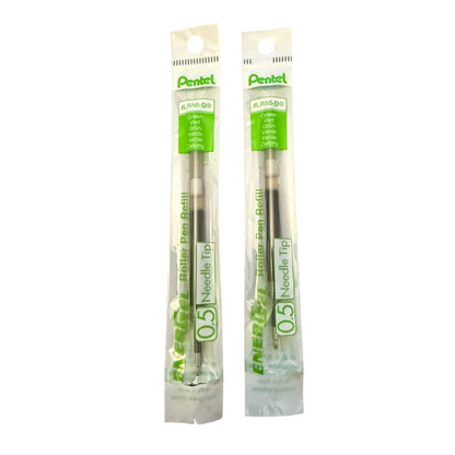 Two Pentel FL-N10-05 Energy 0.5 Needle Tip refill cartridges in their original clear plastic packaging with green and white branding, set against a plain white background.