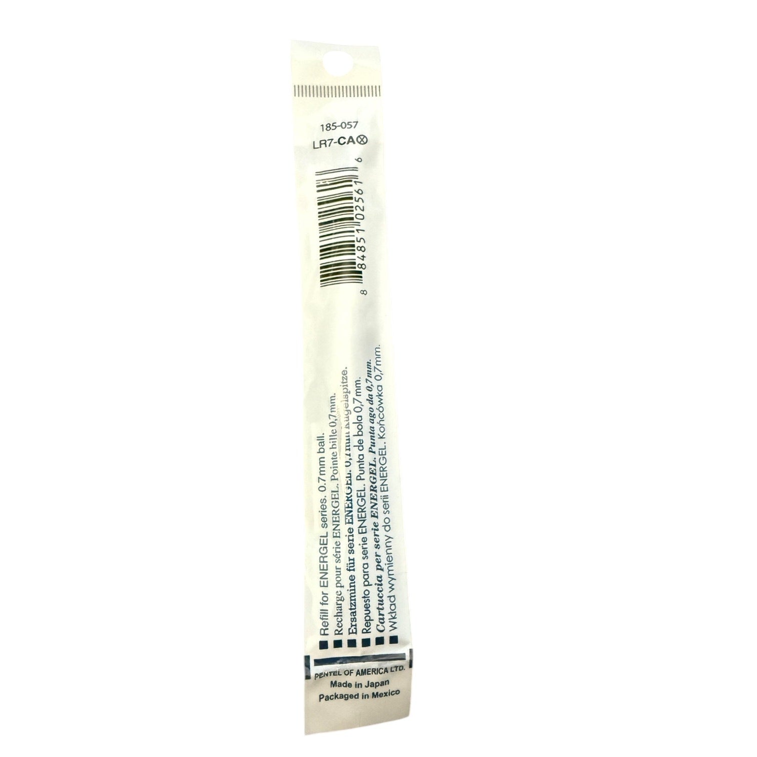 Back of pentel pen packaging with text and a barcode on a white background