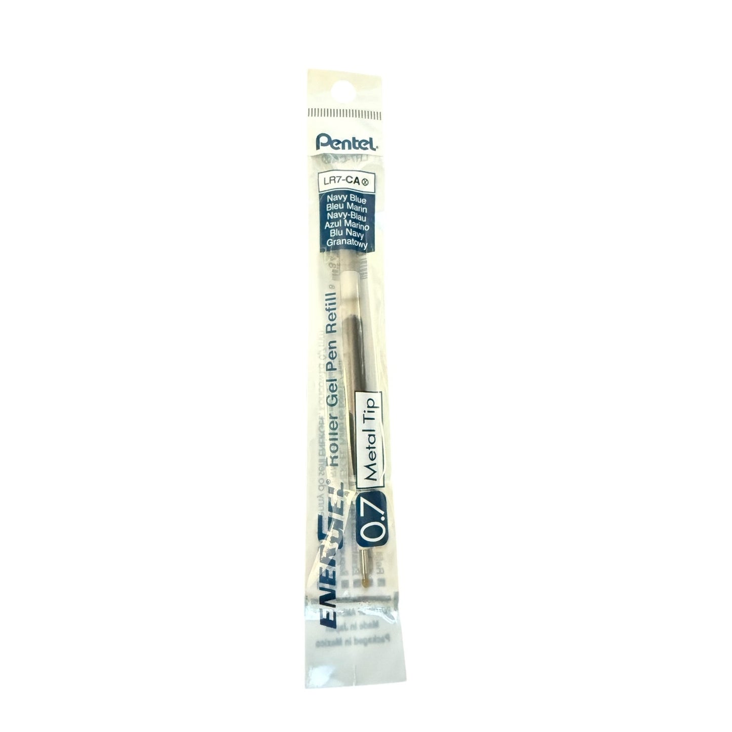 Pentel roller gel pen refill with packaging on a white background