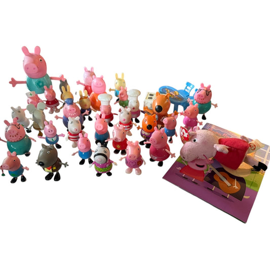 Collection of colorful toy figures, including characters from 'Peppa Pig', on a white background.