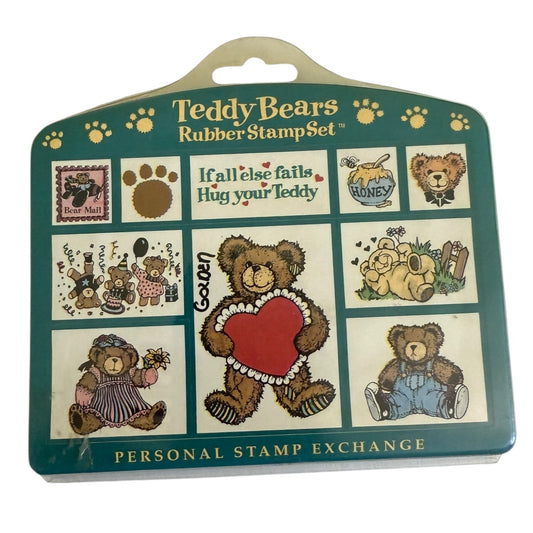 Teddy Bears rubber stamp set packaging with various bear-themed stamps.