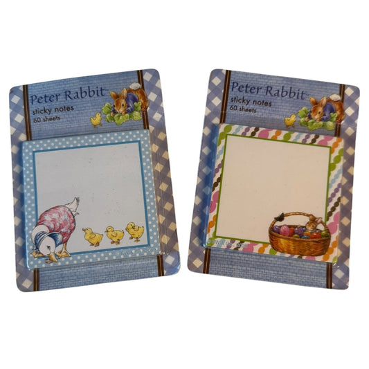 Two decorative Peter Rabbit sticky note pads on a white background, each with a multicolor border, cartoon rabbit illustrations, and a blank writing area.
