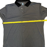 Black and gray striped polo shirt with a pit to pit measuring tape on a white background