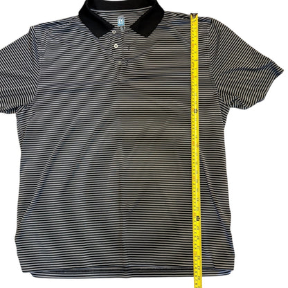 Black and white striped polo shirt with a measuring tape on a white background