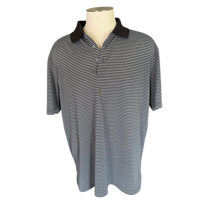 Black and white striped polo front of shirt on a mannequin against a white background