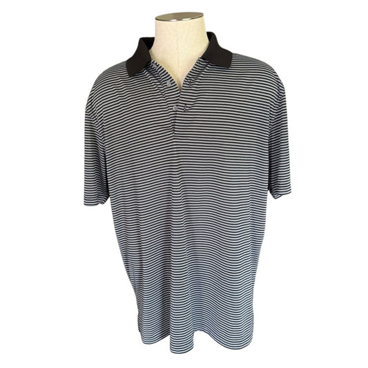 Black and white striped polo front of shirt on a mannequin against a white background