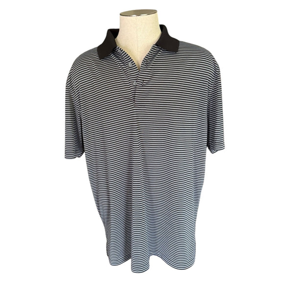 Black and white striped polo front of shirt on a mannequin against a white background