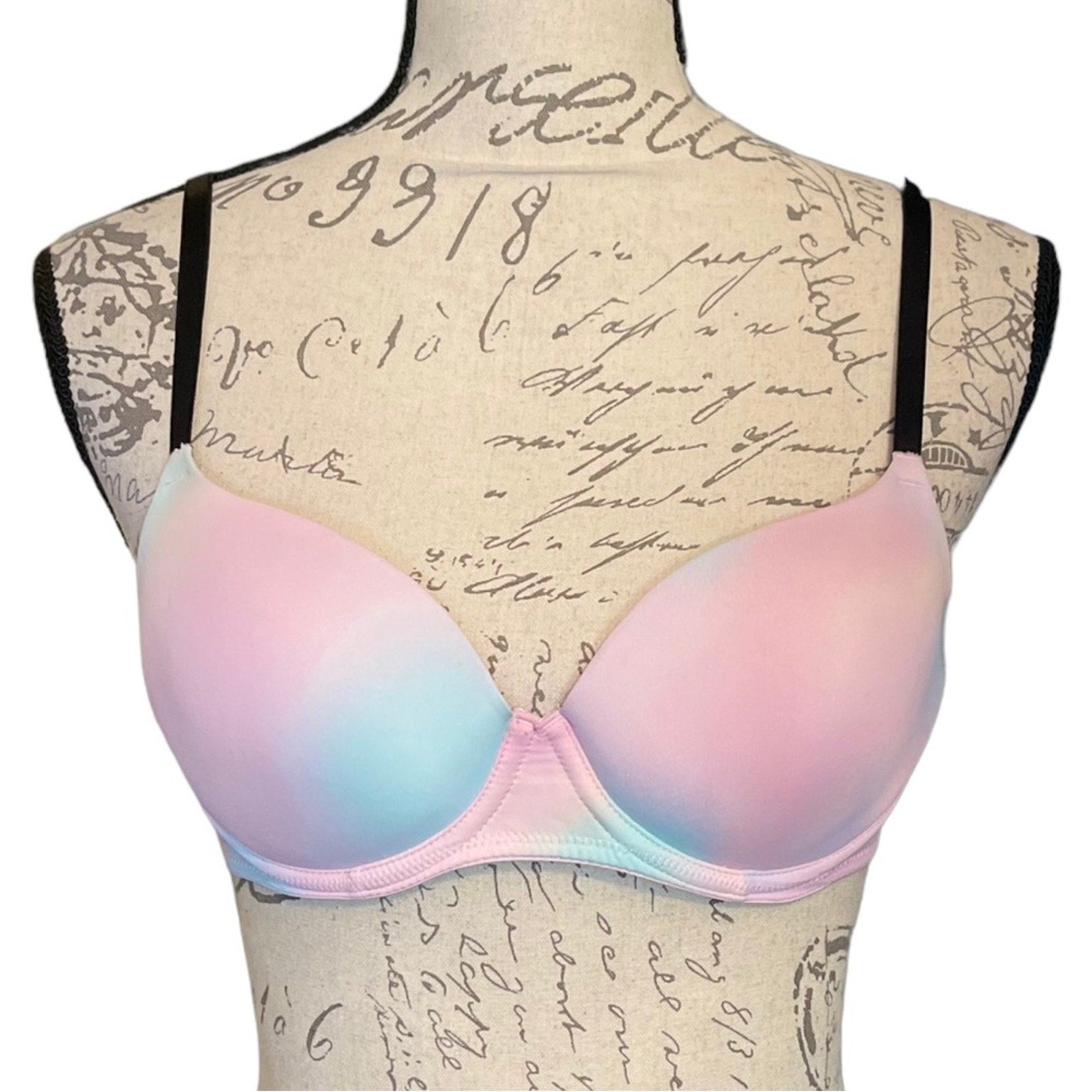 A pastel ombre bra with pink, blue gradient cups, displayed on a vintage-style mannequin torso with cursive script on a white background.
