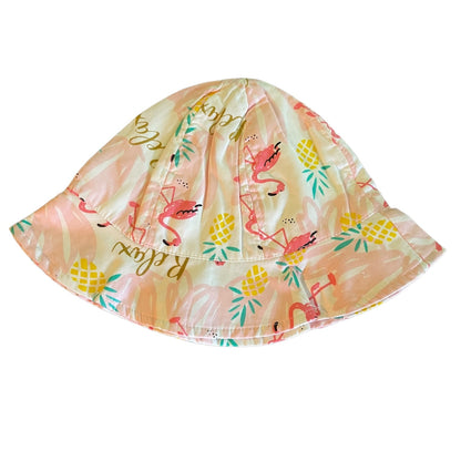 Children's sun hat with flamingo and pineapple pattern on a white background
