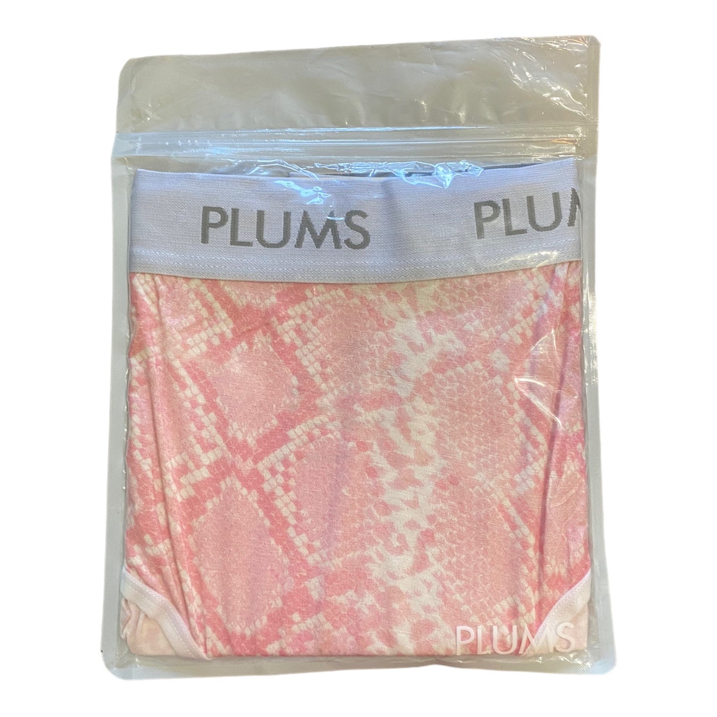 Pink and white snakeskin-patterned underwear in a clear plastic zip bag with a white waistband printed with the brand name 'PLUMS'.