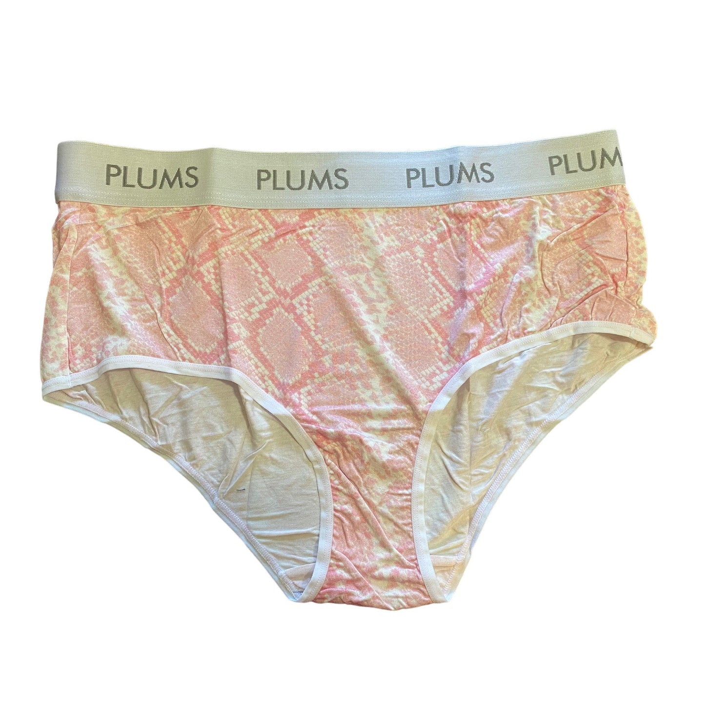 A pair of women's high-waisted briefs featuring a pink and white snakeskin pattern, with waistband printed with the brand name 'PLUMS'.