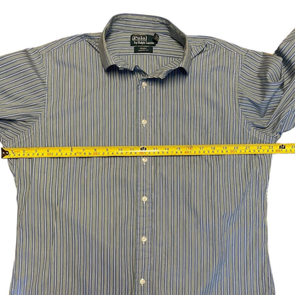 Striped shirt with Polo Ralph Lauren label, measured with a tape measure on a white background