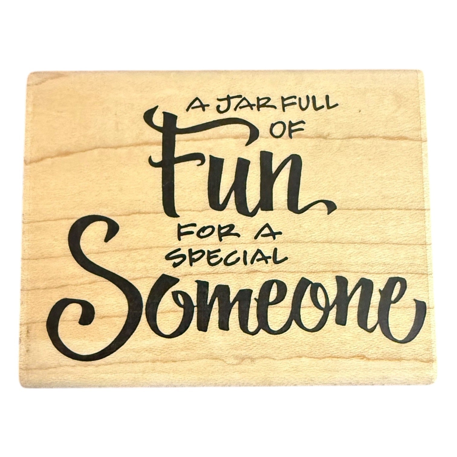 Front of a stamp block with a jar full of fun for a special someone on the front on a white background