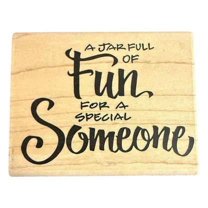 Front of a stamp block with a jar full of fun for a special someone on the front on a white background