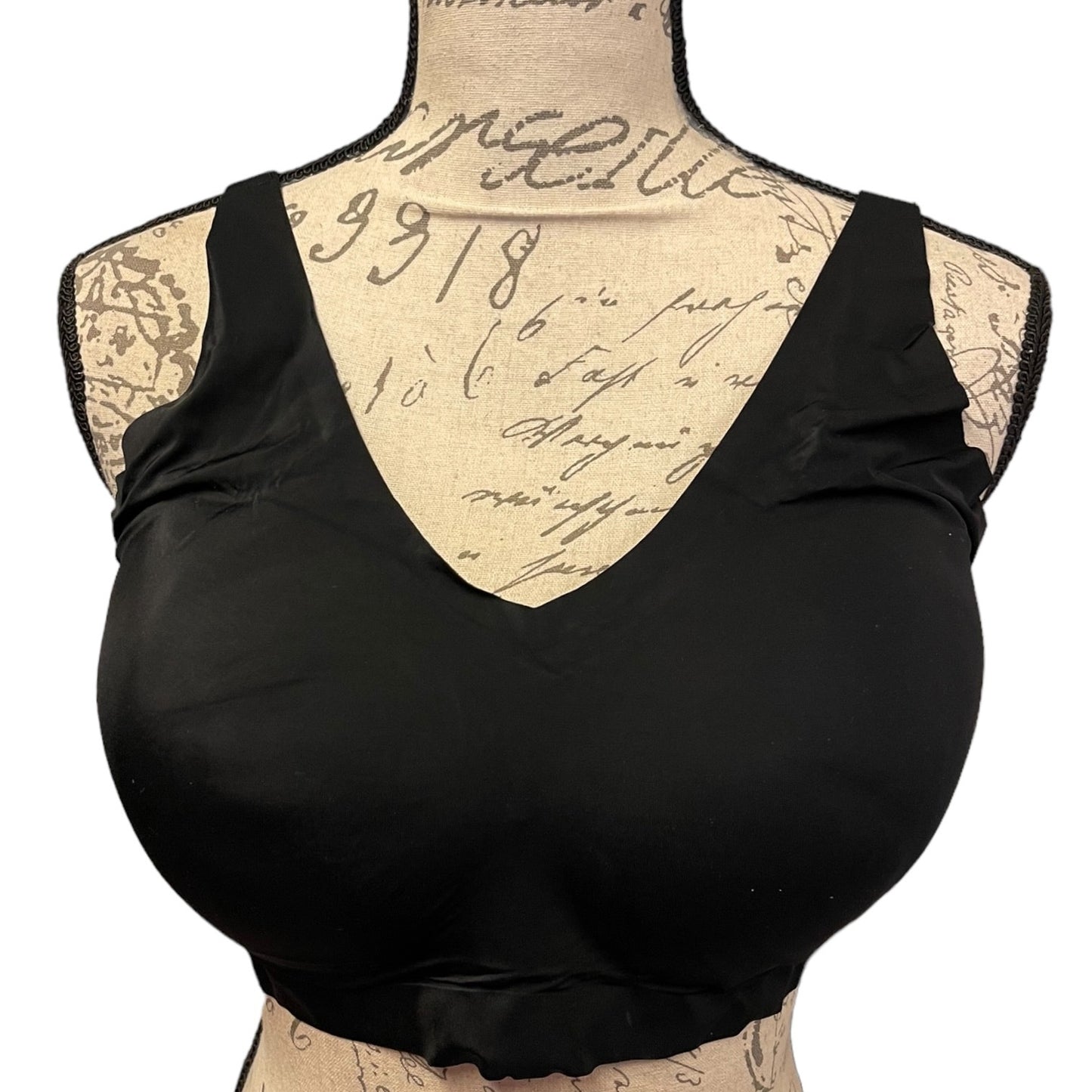 Front of Black bralette on a mannequin with a vintage-style background