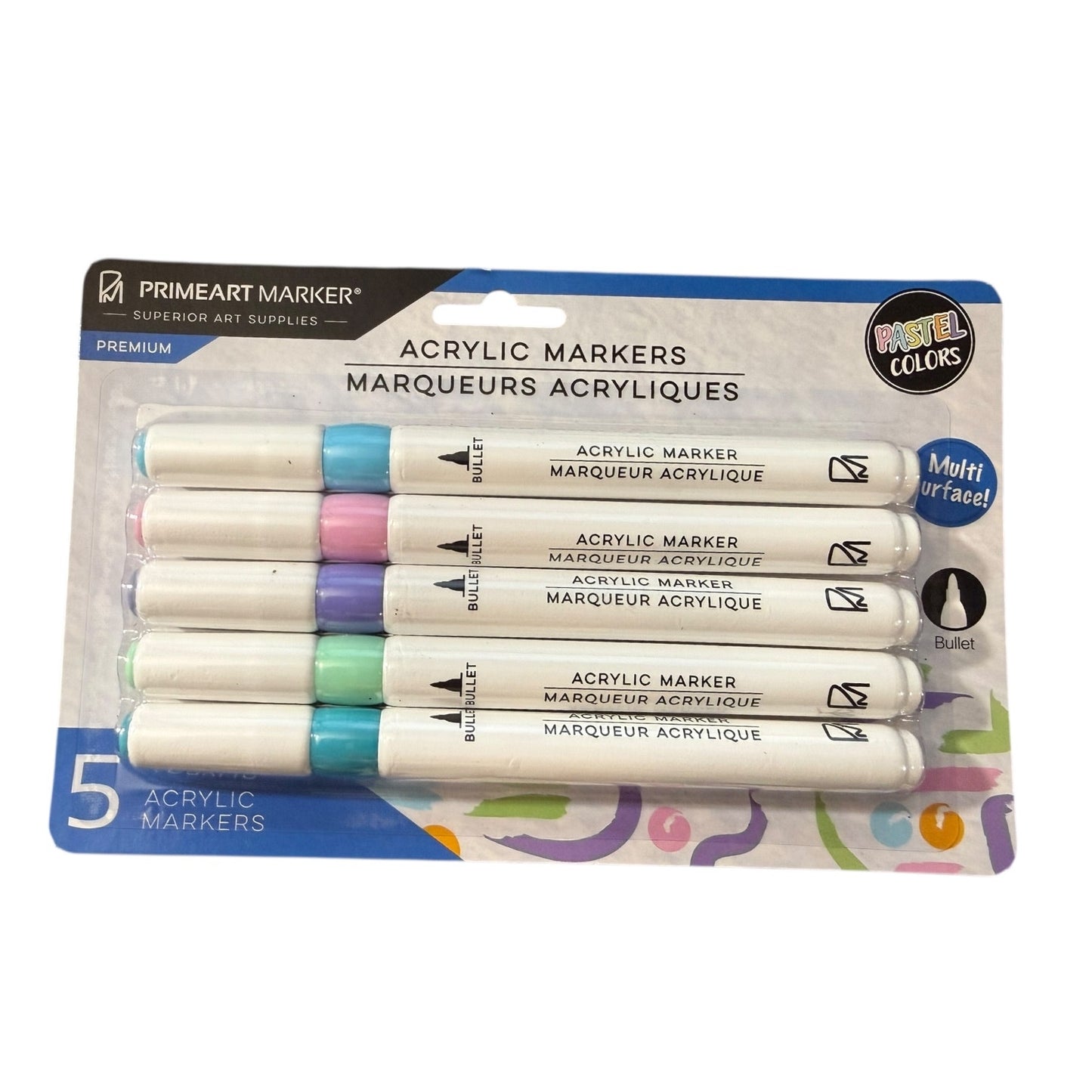 Pack of Primeart pastel acrylic markers with colorful caps on a white background