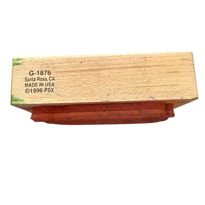 Wooden stamp block with branding text on a white background